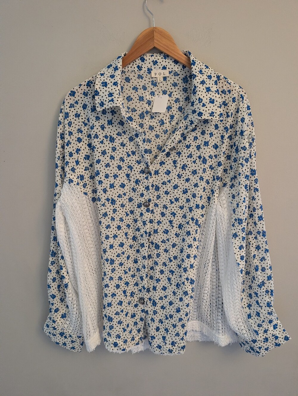 POL White Blue Floral Crochet Patchwork Blouse Size L